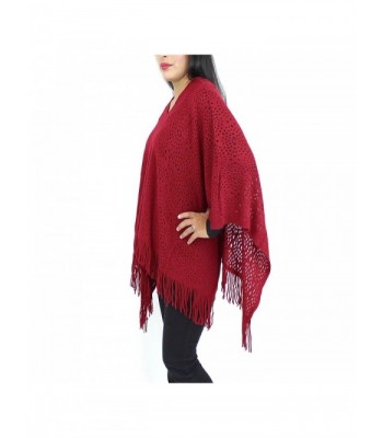 V Neck Knitted Short Poncho Burgundy in Wraps & Pashminas