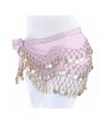 Women's Belly Dance Hip Skirt Scarf Wrap Belt With Chiffon Dangling Gold Coins - Pink - C318429TG3S