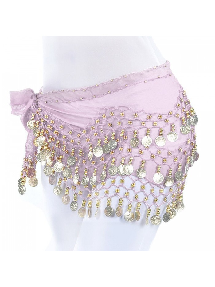 Women's Belly Dance Hip Skirt Scarf Wrap Belt With Chiffon Dangling Gold Coins - Pink - C318429TG3S