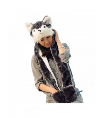 Julvie Animal Hat Gloves Scarf 3 In 1 Set Animal Hooded Scarf with Attached Mittens - Husky - CI12O1C9P99