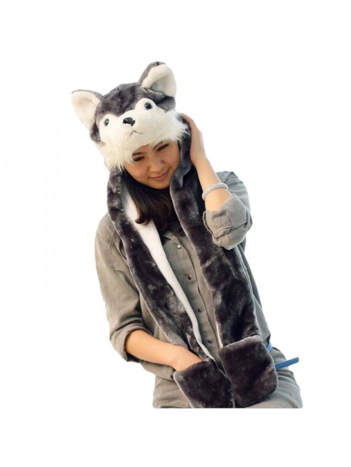 Julvie Animal Hat Gloves Scarf 3 In 1 Set Animal Hooded Scarf with Attached Mittens - Husky - CI12O1C9P99