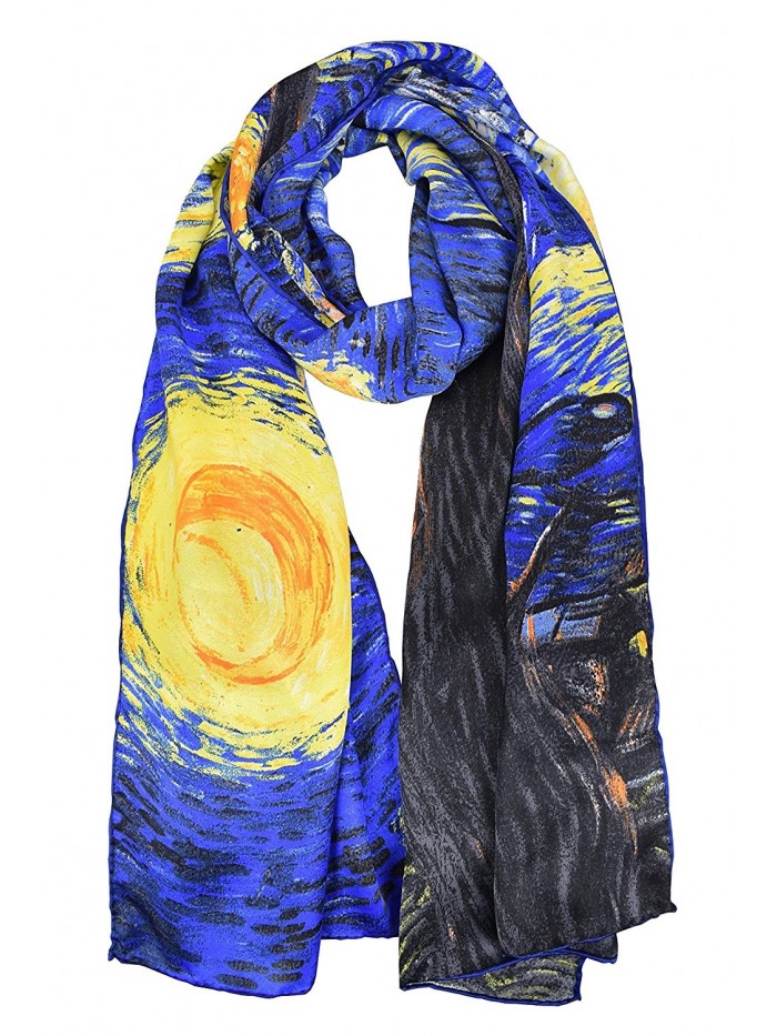 Luxurious 100% Charmeuse Silk Long Scarf Hand Rolled Edge Van Gogh's "Starry Night" - CZ11OQLPXVR