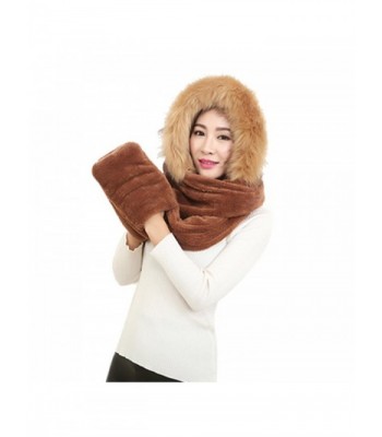 Doinshop Winter Warm Women Siamese Hoodie Gloves Pocket Earflap Hat Long Scarf Wraps - Coffee - C012O9ZD65C