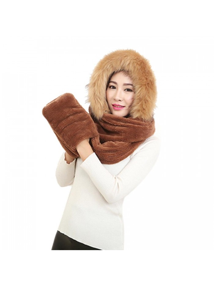 Doinshop Winter Warm Women Siamese Hoodie Gloves Pocket Earflap Hat Long Scarf Wraps - Coffee - C012O9ZD65C