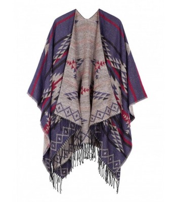 Urban CoCo Women's Printed Tassel Open front Poncho Cape Cardigan Wrap Shawl - Navy Blue-series 3 - C012N00M9D5