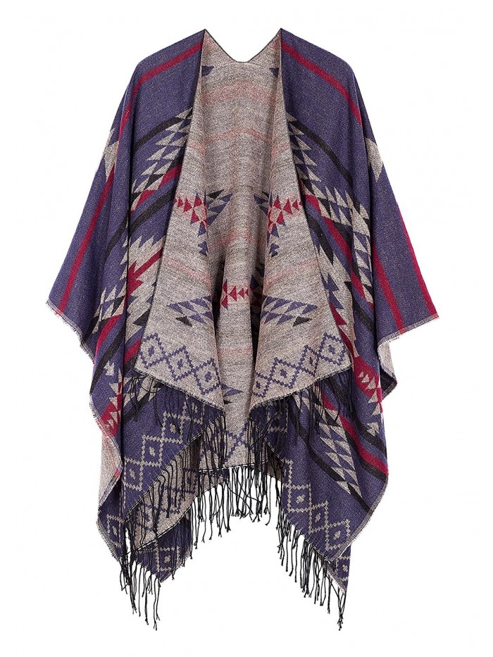 Urban CoCo Women's Printed Tassel Open front Poncho Cape Cardigan Wrap Shawl - Navy Blue-series 3 - C012N00M9D5