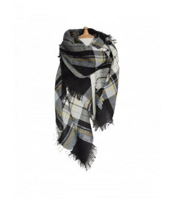 Sundayrose Plaid Blanket Scarf Oversized Square Tartan Shawl Wrap - Black White Yellow - C718787SN80