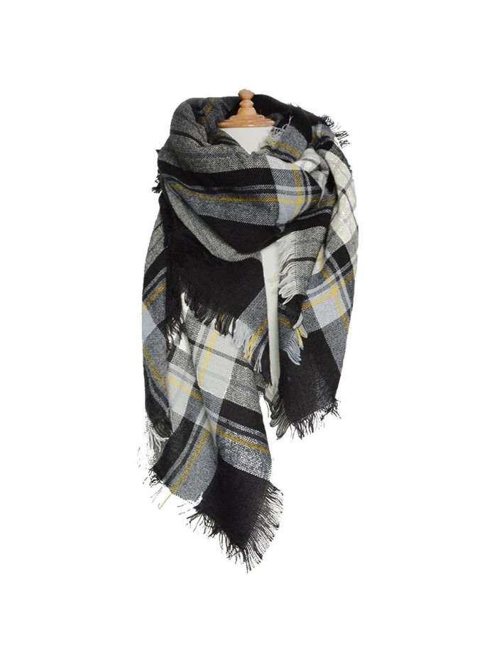 Sundayrose Plaid Blanket Scarf Oversized Square Tartan Shawl Wrap - Black White Yellow - C718787SN80