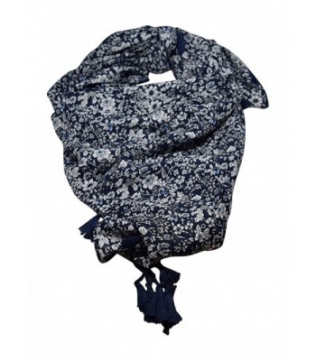 Anny's Floral Print Neckerchief Tie Square Scarf with Fringe- 37 in by 37 in - Navy - C812E1KD503