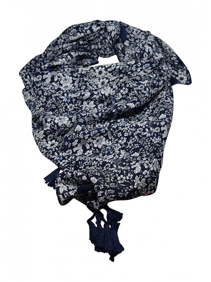 Anny's Floral Print Neckerchief Tie Square Scarf with Fringe- 37 in by 37 in - Navy - C812E1KD503