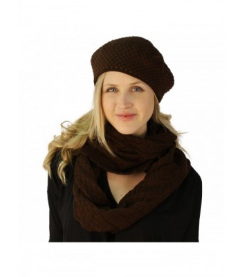 Ladies 2pc Winter Chunky Knit Beret Beanie Tam Hat Long Infinity Scarf Set - Brown - CI12608WM03