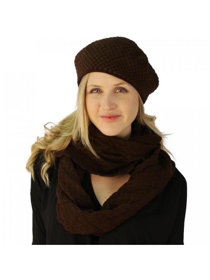Ladies 2pc Winter Chunky Knit Beret Beanie Tam Hat Long Infinity Scarf Set - Brown - CI12608WM03