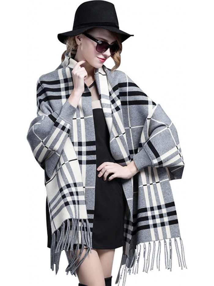 Bellady Winter Thick Cardigan Coat Ladies Open Front Fringe Batwing Poncho Plaid Cardigan Cape - Gray - C212MD1ZTK1