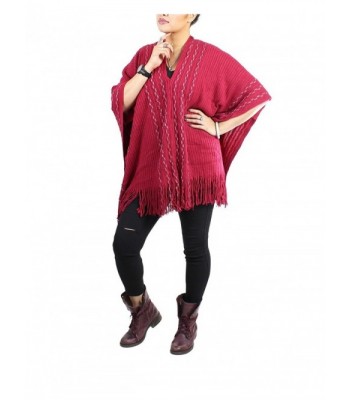 V-Neck Poncho with Tassels and Metallic Threaded Braids - Dark Red - CA1261FX353