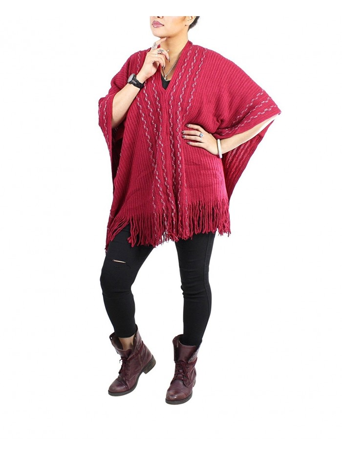 V-Neck Poncho with Tassels and Metallic Threaded Braids - Dark Red - CA1261FX353