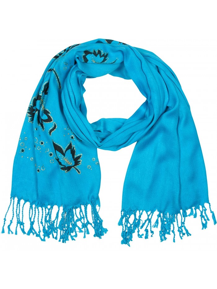 Sakkas Metallic Leaves Pashmina Scarf / Stole / Wrap / Shawl - Turquoise - C011FX86UTB