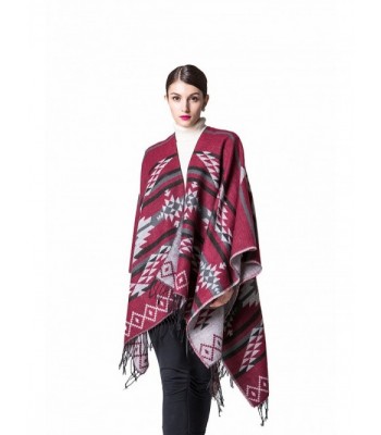 Dantiya Womens Winter Knitted Fringed Cashmere Fleece Poncho Shawl Wrap Cardigans - Red - CX12NYQGPFZ