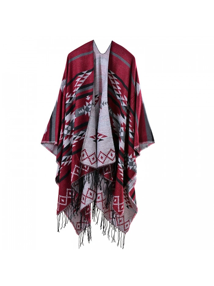 Womens Winter Knitted Fringed Cashmere Fleece Poncho Shawl Wrap ...