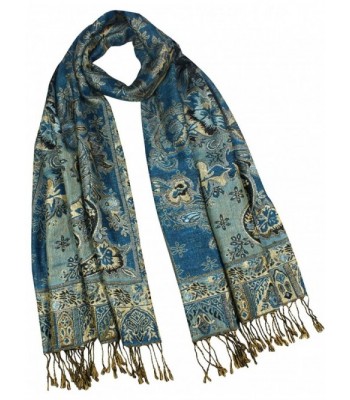 Rayon Metallic Paisley Flower Garden Two-Sided Reversible Scarf - Teal Blue - CO115O7Y8W7