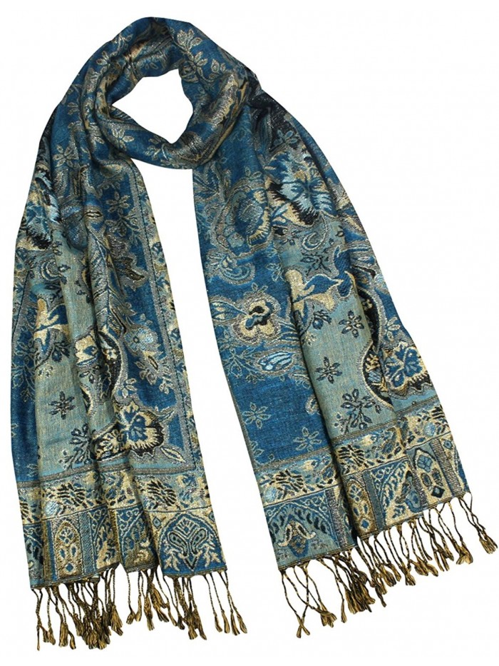 Rayon Metallic Paisley Flower Garden Two-Sided Reversible Scarf - Teal Blue - CO115O7Y8W7