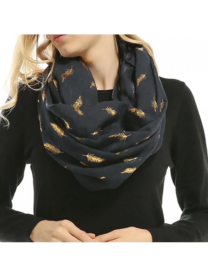 Women Soft Scarf Feather Print Lightweight Shawl Warm Bronzing Neck Wrap Scarves - Navy - CZ187WLH6RM