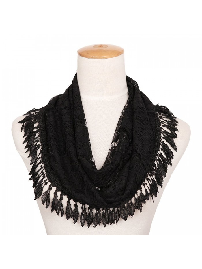 MissShorthair Womens Lightweight Lace Infinity Scarf with Tassels - Black Luck Leaf - CP1802TTOO5