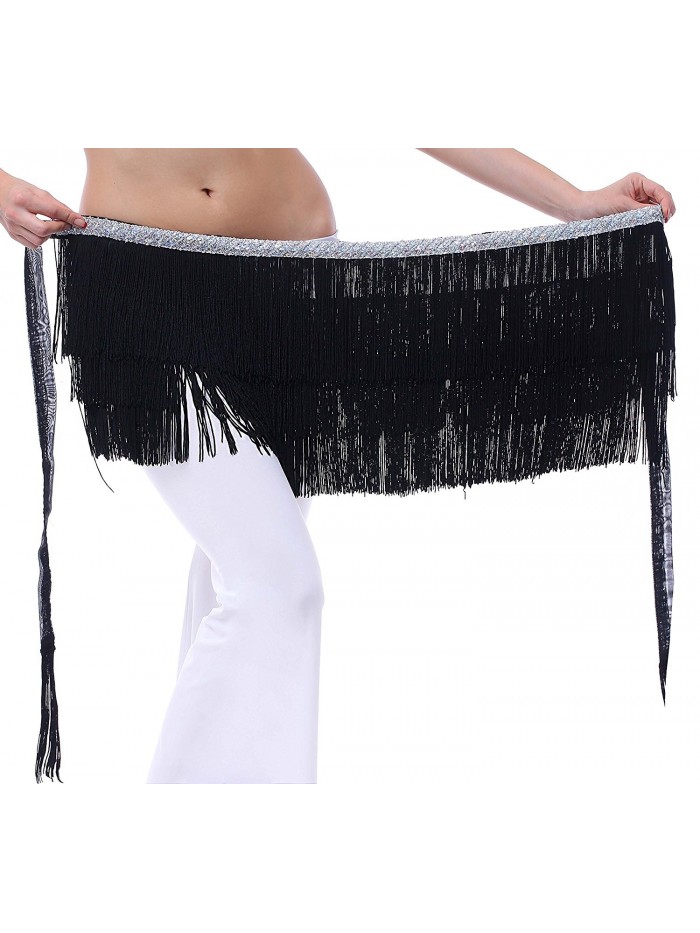 Plus Hip Scarf for Women for Belly Dancing and Latin Dance with Fringes - Black - C0184R478H5