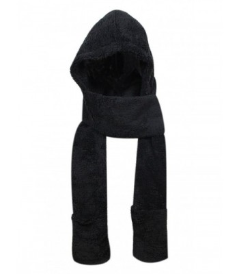 Super Soft Fleece Women's Hooded Scarf & Hat W/ Glove Pockets By Bioterti - Black - CB18830NDZD