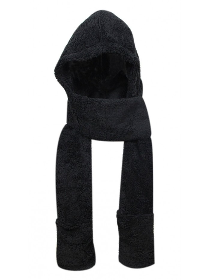 Super Soft Fleece Women's Hooded Scarf & Hat W/ Glove Pockets By Bioterti - Black - CB18830NDZD