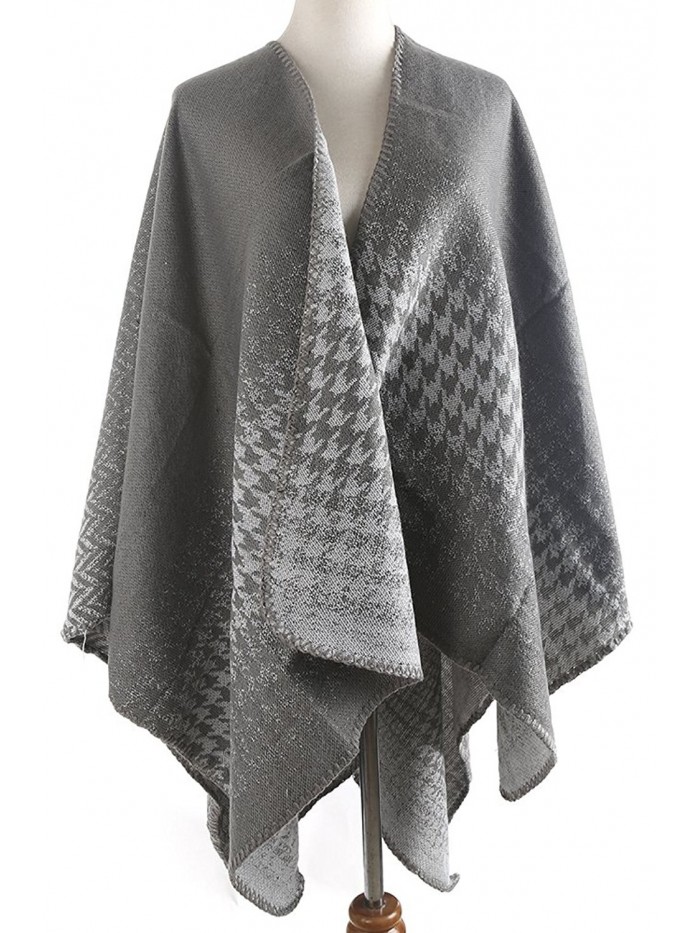 QZUnique Women's Blanket Winter Houndstooth Knitted Cardigans Scarf Shawl Poncho Cape - Grey White - CR1896ST252