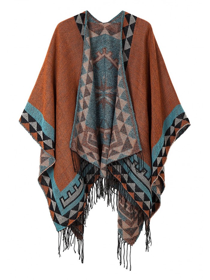 Urban CoCo Women's Printed Tassel Open front Poncho Cape Cardigan Wrap Shawl - Orange-series 5 - C5185YU5OR8