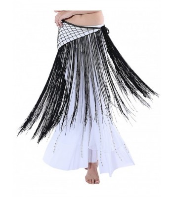 Long Net Hip Scarf for Latin or Belly Dance with Fringes and Tassels - Black - CQ12GK7K2RJ