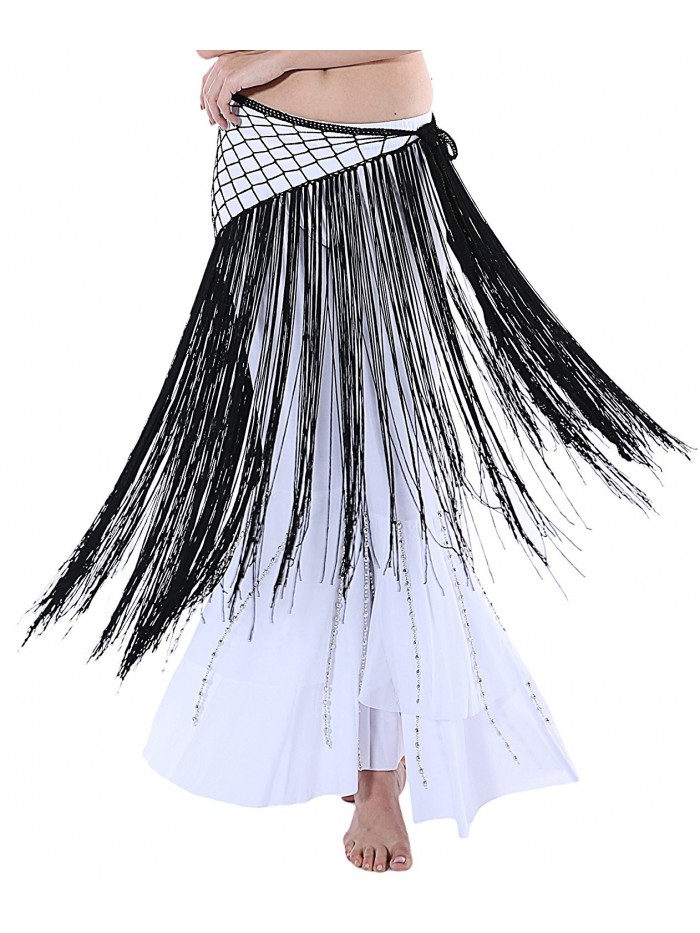 Long Net Hip Scarf for Latin or Belly Dance with Fringes and Tassels - Black - CQ12GK7K2RJ