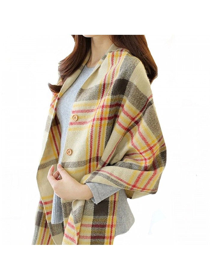 Vintage Plaid Knitted Tassel Poncho Shawl Cape Button Cardigan - Beige - CK185DX4WCU