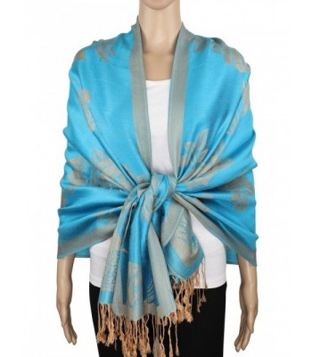 Achillea Two Tone Floral Roses Reversible Pashmina Scarf Shawl Wrap Stole 78" x 27" - Turquoise/Beige - CQ1865N6YN8