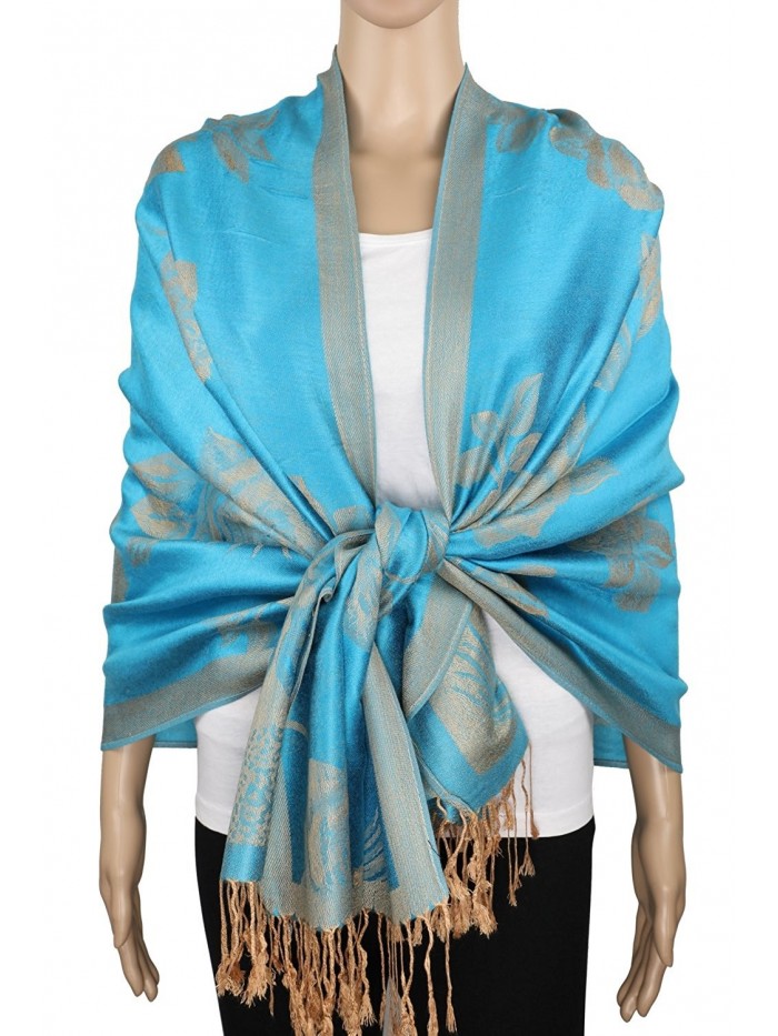 Achillea Two Tone Floral Roses Reversible Pashmina Scarf Shawl Wrap Stole 78" x 27" - Turquoise/Beige - CQ1865N6YN8