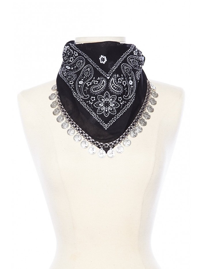 Womens Cowboy Metal Coin Danlged Fashion Bandana Scarf KS6174 - Black - CD12L1ZBRIX