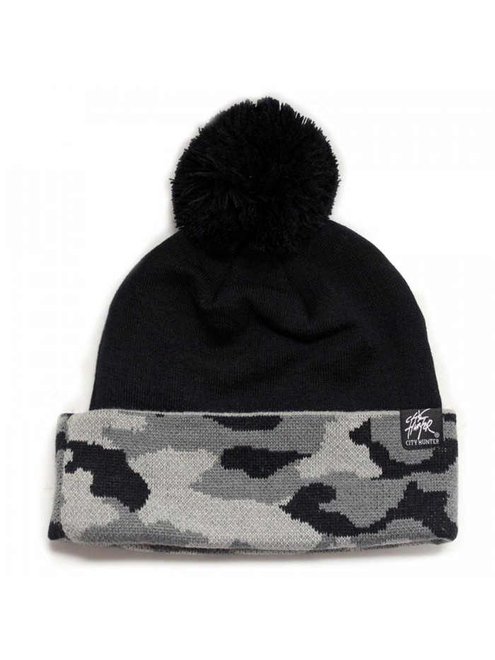 City Hunter Camo Pattern Long Cuffed Pom Beanie - Black/Grey Camo - CV11I8KI70V