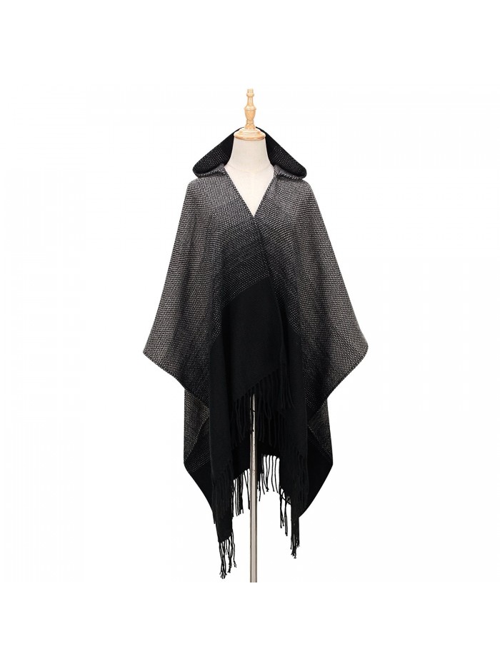 INCX Women's Block Shawl Wrap Knitted Cashmere Poncho Capes Scarf Sweater - Black - CG18697IC8Z