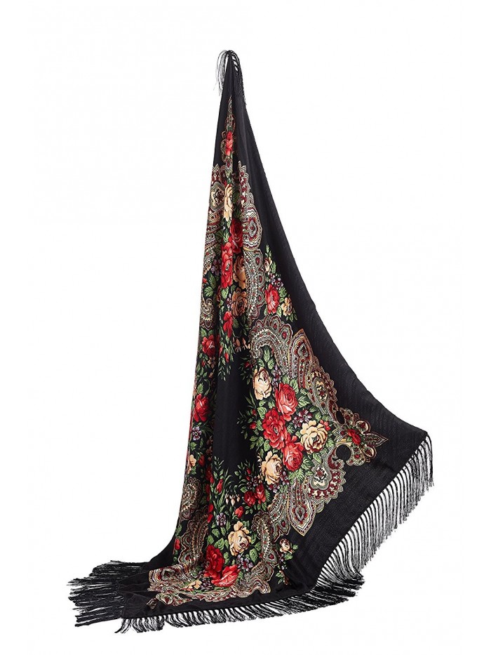 Ladies Tassel Shawl With Roses Ukrainian Polish Russian Floral Head Wrap 44" x 44" - Black - C717YL0HEN2