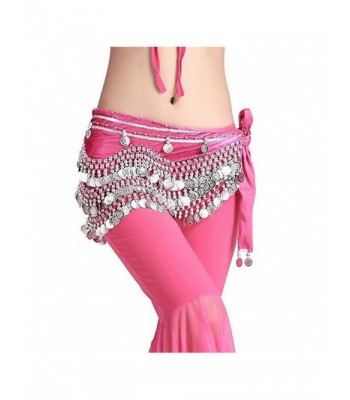 ZYZF Women's Belly Flannel Dance Wave Shape Hip Scarf With Silver Golden Coins - Rose With Silver Coins - C2182WNR6AQ