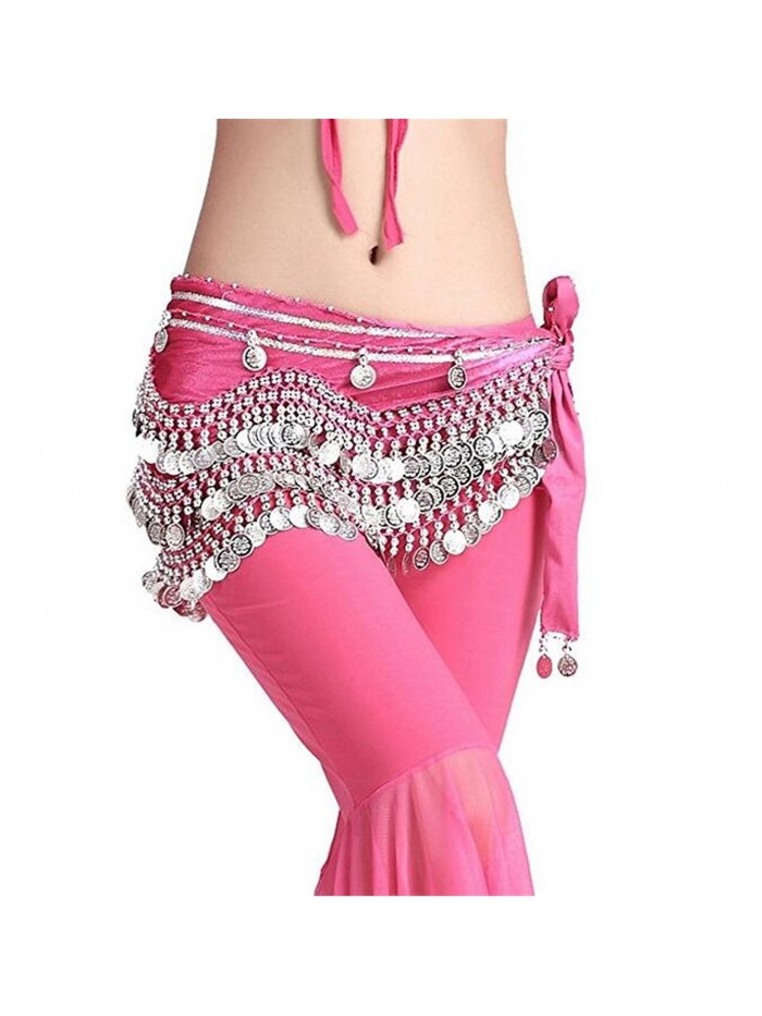 ZYZF Women's Belly Flannel Dance Wave Shape Hip Scarf With Silver Golden Coins - Rose With Silver Coins - C2182WNR6AQ