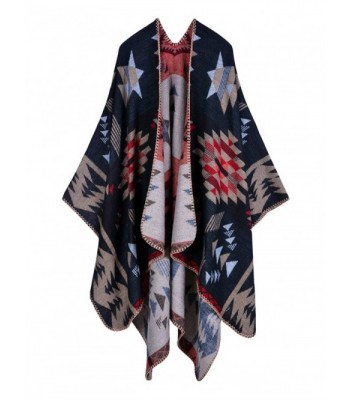 LAFASO Women Open Front Oversized Blanket Poncho Cape Shawl Long Cardigan Coat - Navy Blue5 - C4186YL26HI