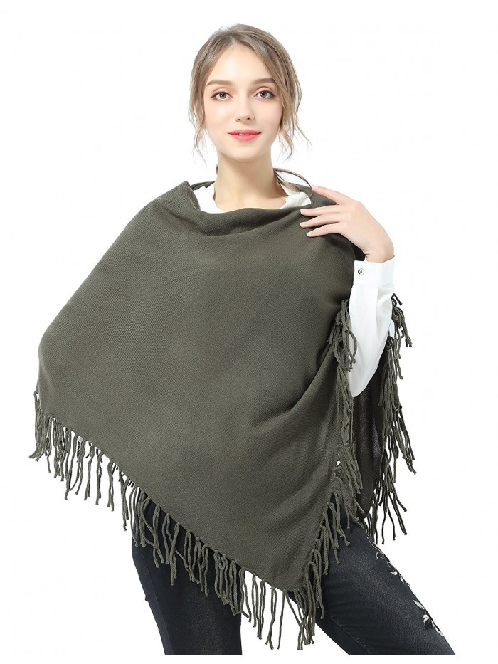 Women's Knitted Tassel Asymmetric Poncho Wrap Shawl - Dark Green ...