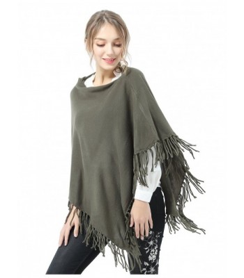 Women's Knitted Tassel Asymmetric Poncho Wrap Shawl - Dark Green ...