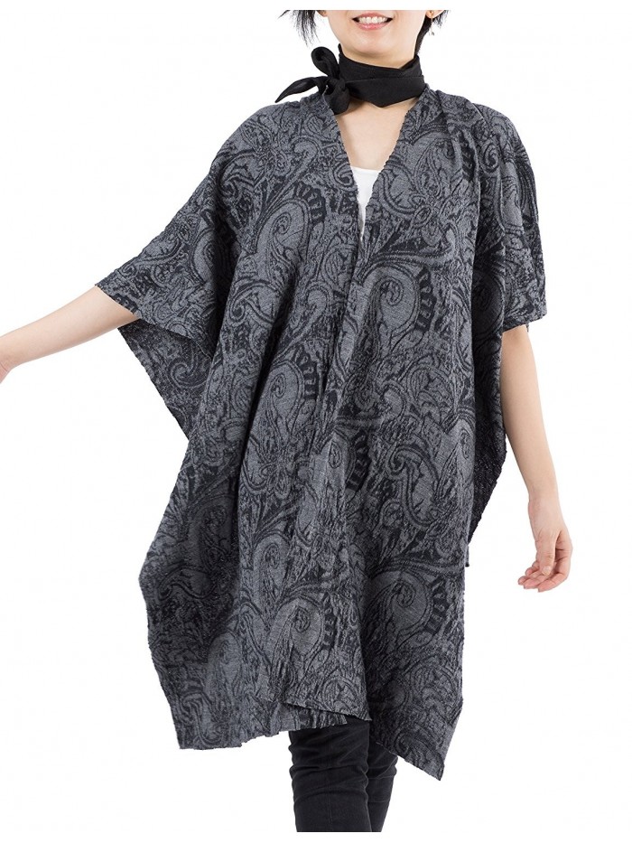 Platonic Love Wool Shawl Wrap- Ruana- Long Scarf- Open Front Cardigan- Cover Up For Women - Dark Grey Jacquard - CI18660URUN