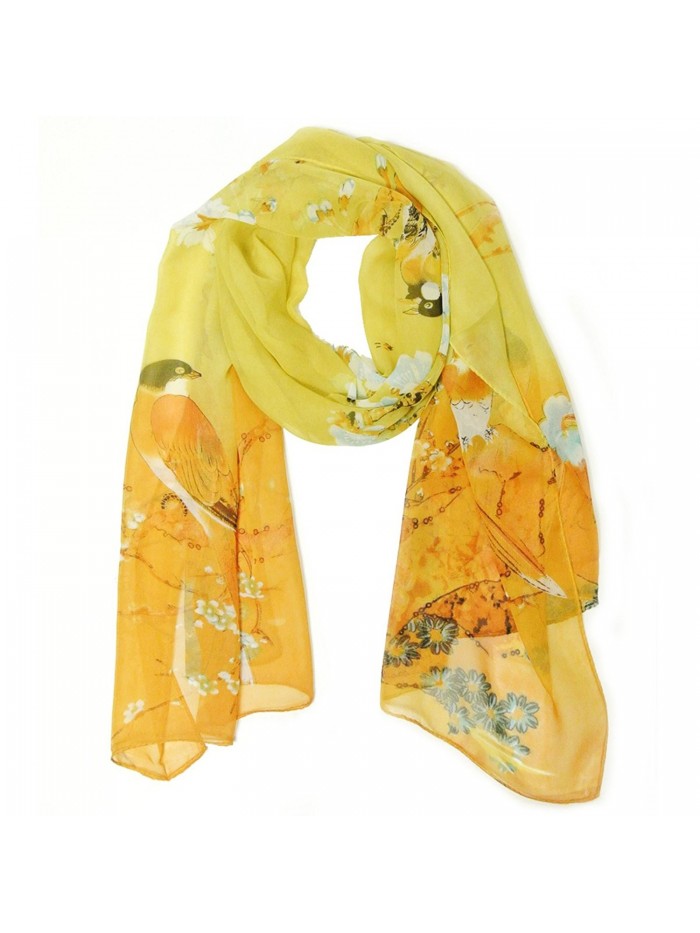 Allydrew Floral Bird Print Polyester and Silk Oblong Scarf- Sunglow - CY11M4KUM4Z