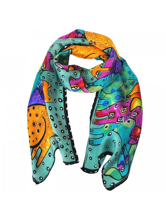 Wrapables Vibrant 100% Silk Long Scarf 51" x 10.5"- Teal Cats and Dogs - CI11G9REVW3