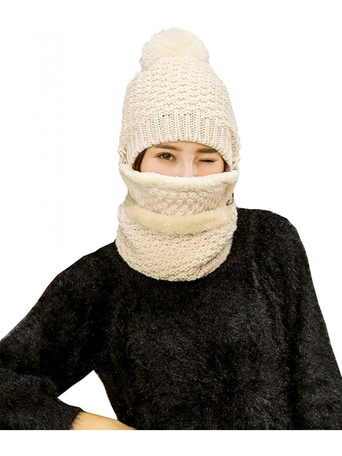 FeelMeStyle Women's Winter Knit Hat Crochet Ski Cap Pom Pom Ears Cold-proof Hat - 002-beige - CU187CHAQZD