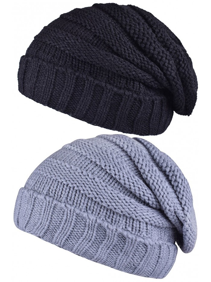Adult Slouch Beanie Hat Warm Knit Winter Hat Outdoor Skull Cap Men's Fashion Cap - Black and Light Grey - C518689WIKD